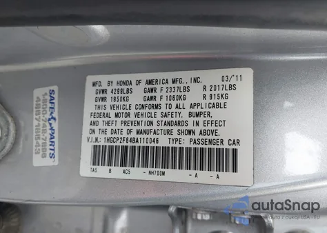 2011 Honda Accord 2.4 Se from USA, damaged, VIN 1HGCP2F64BA110046